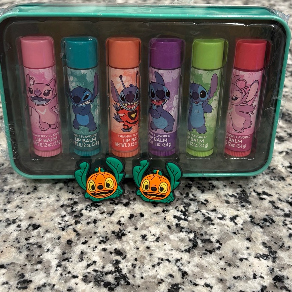 Disney Stitch Lip Balm Collection and Stitch Halloween Croc Accessories